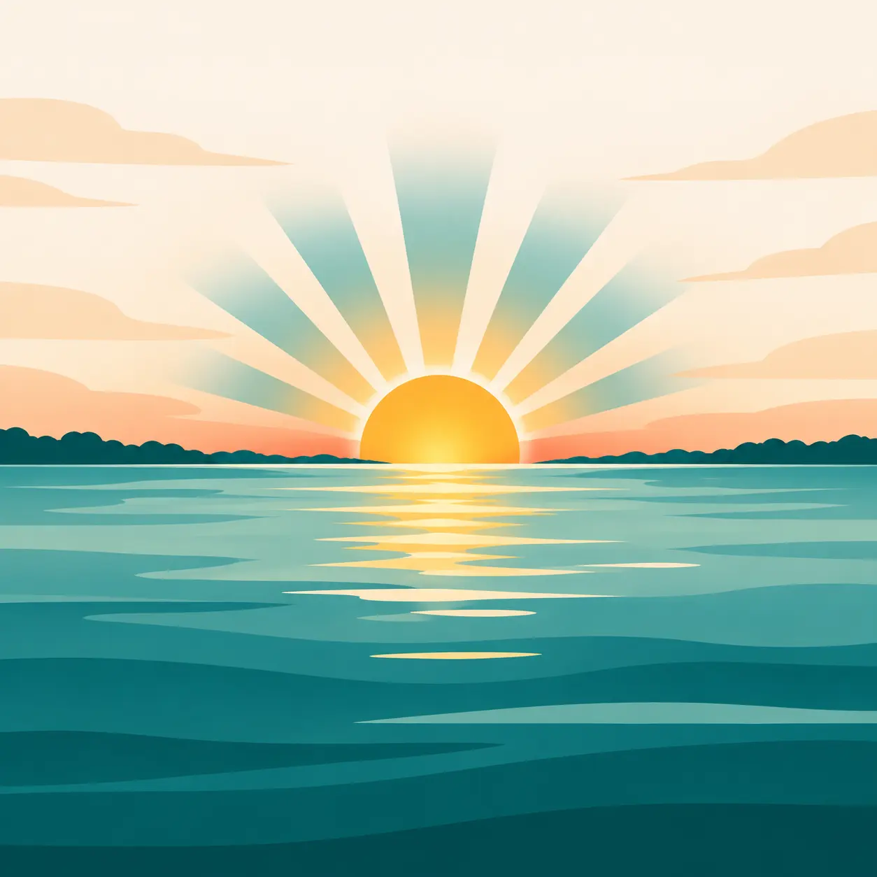 Illustrated sunrise over calm water.