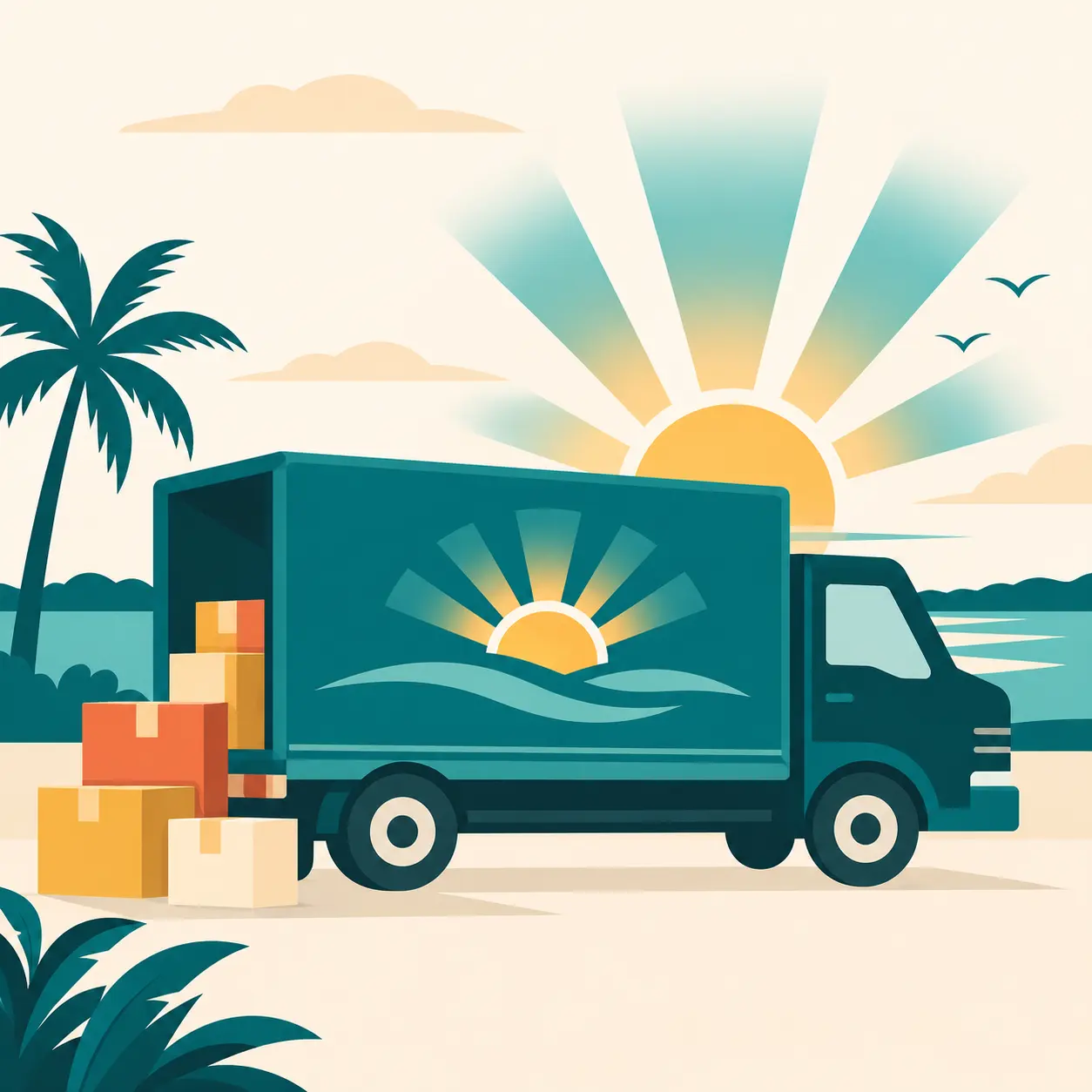 Illustration of a teal truck with boxes beside a sunrise. No people are shown.