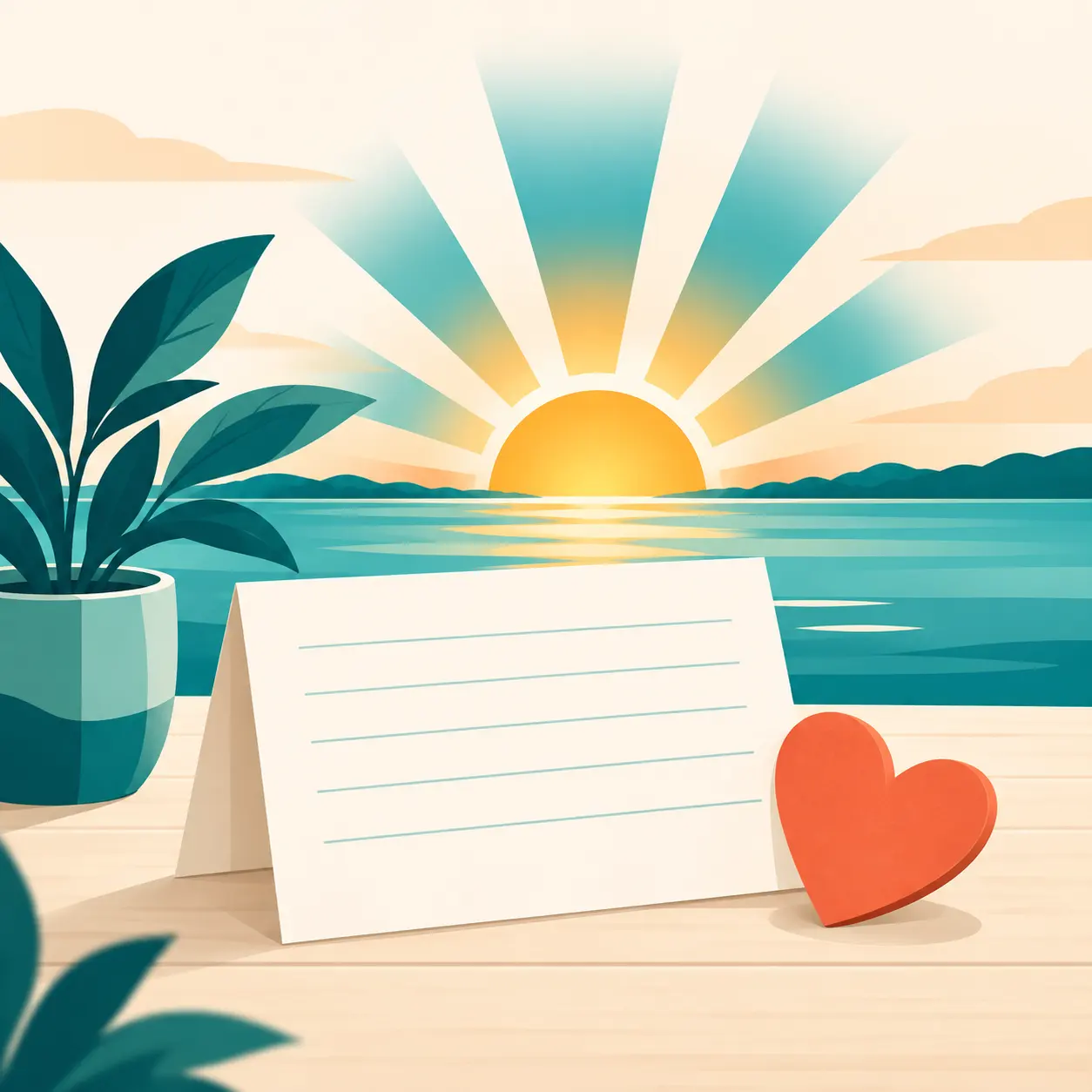 Illustration of a blank note card and a heart on a table, with a sunrise over the water. No people are shown.